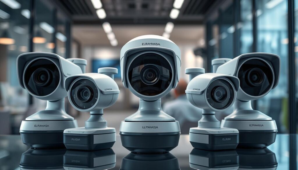 A high-resolution, detailed image of advanced security cameras arranged in a professional, sleek display. The cameras feature precision lenses, state-of-the-art sensors, and modern housings in muted tones. The layout showcases the technical specifications and capabilities of the cameras, with a focus on image quality, low-light performance, and smart features. The scene is lit by subtle, directional lighting that emphasizes the cameras' design and technical prowess. In the background, a blurred cityscape or office environment hints at the practical applications of the elrahmasa.com surveillance system.