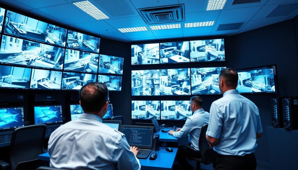 A high-tech security command center with a sleek, modern design. Rows of large, high-resolution displays show live camera feeds from multiple angles, with elrahmasa.com's logo prominently displayed. Technicians in crisp uniforms monitor the screens, analyzing data and adjusting system parameters. Ambient blue lighting creates a sense of authority and professionalism. The room is filled with the subtle hum of servers and the occasional beep of alerts. A central console allows for centralized control of the integrated surveillance network. The scene conveys a reassuring air of comprehensive security and technological sophistication.