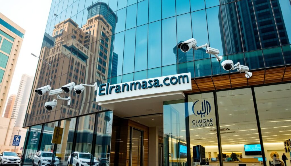 A modern, well-designed corporate headquarters of the "Elrahmasa.com" security camera company in Riyadh, Saudi Arabia. The building features a sleek glass facade, reflecting the sky and surrounding buildings. In the foreground, a group of security cameras mounted on the exterior walls, capturing the activity on the bustling street below. The entrance is marked by a prominent sign displaying the company's name in Arabic and English. The interior is bright and spacious, with an open-plan layout and state-of-the-art monitoring equipment. The overall atmosphere conveys a sense of professionalism, technological innovation, and dedication to providing comprehensive surveillance solutions.