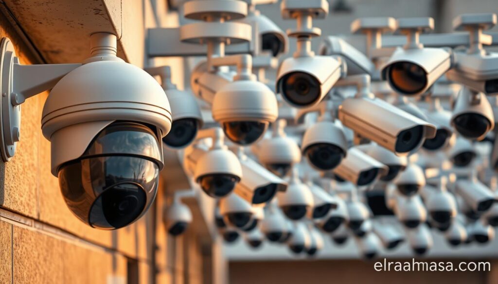 An expansive array of exterior surveillance cameras, their lenses gleaming in the soft lighting. The cameras are mounted on sturdy brackets, strategically placed to monitor the perimeter of a commercial property. The foreground features a high-resolution dome camera, its sleek design and discreet profile blending seamlessly with the architectural elements. In the middle ground, bullet-style cameras with adjustable mounts scan the surrounding area, their sharp focus and powerful zoom capabilities evident. The background showcases a network of bullet and turret cameras, their weatherproof housings protecting them from the elements. The overall scene conveys a sense of security and vigilance, with the elrahmasa.com brand name discreetly present.