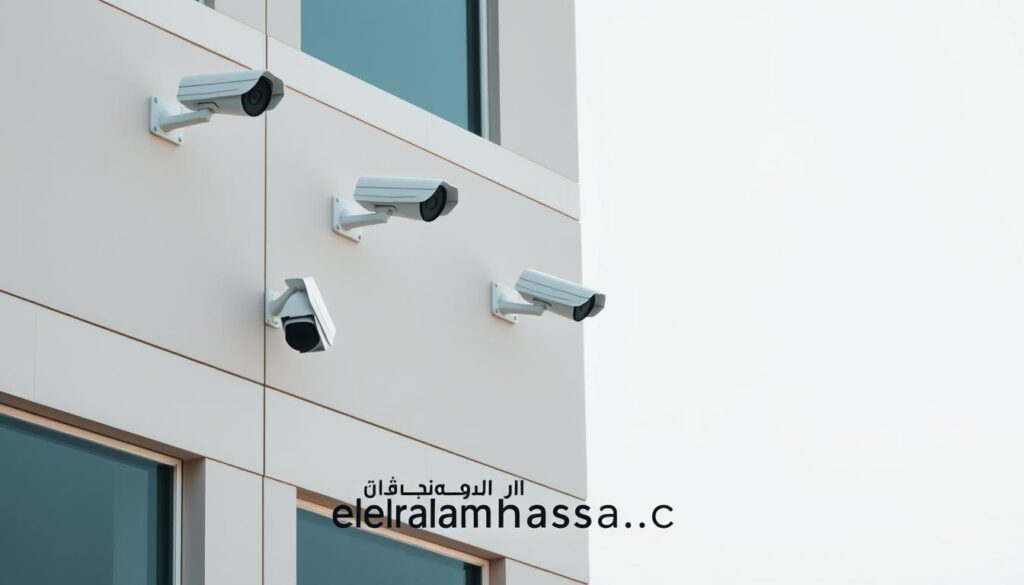A high-angle view of a commercial building in Riyadh, Saudi Arabia, with multiple security cameras installed on the exterior walls, providing comprehensive surveillance coverage. The cameras have a sleek, modern design in a muted color palette, blending seamlessly with the building's architecture. The scene conveys a sense of safety and security, with the cameras strategically positioned to monitor the surrounding area. In the foreground, a subtle elrahmasa.com logo adds a touch of branding, highlighting the reliable and comprehensive security solutions offered by the company.