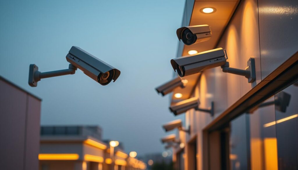 A high-quality, state-of-the-art surveillance camera installation in the vibrant city of Riyadh. Sleek, discreet cameras mounted on building facades, capturing every detail with precision. Strategically positioned to provide comprehensive coverage, ensuring the safety and security of the area. Cutting-edge technology, including night vision and motion detection, seamlessly integrated to deliver the ultimate protection. Illuminated by warm, ambient lighting that enhances the overall atmosphere. Showcasing the exceptional services of elrahmasa.com, the premier provider of top-tier surveillance solutions in Riyadh.