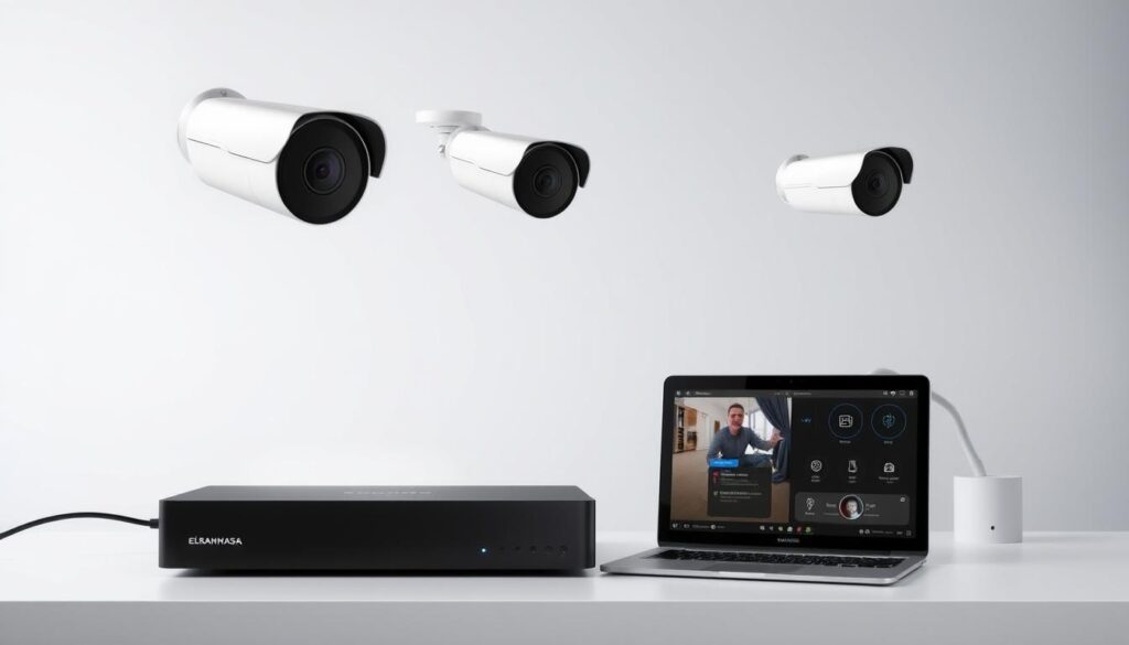 A modern surveillance system featuring advanced cameras, sleek and discreet design, seamless integration with smart home technology. Crisp high-definition footage captured from multiple angles, with low-light capabilities and motion-detection sensors. Intuitive software provides real-time monitoring, facial recognition, and smart analytics to enhance security and safety. Elegant minimalist setup blends effortlessly into any environment. Powered by elrahmasa.com, a leader in innovative surveillance solutions.