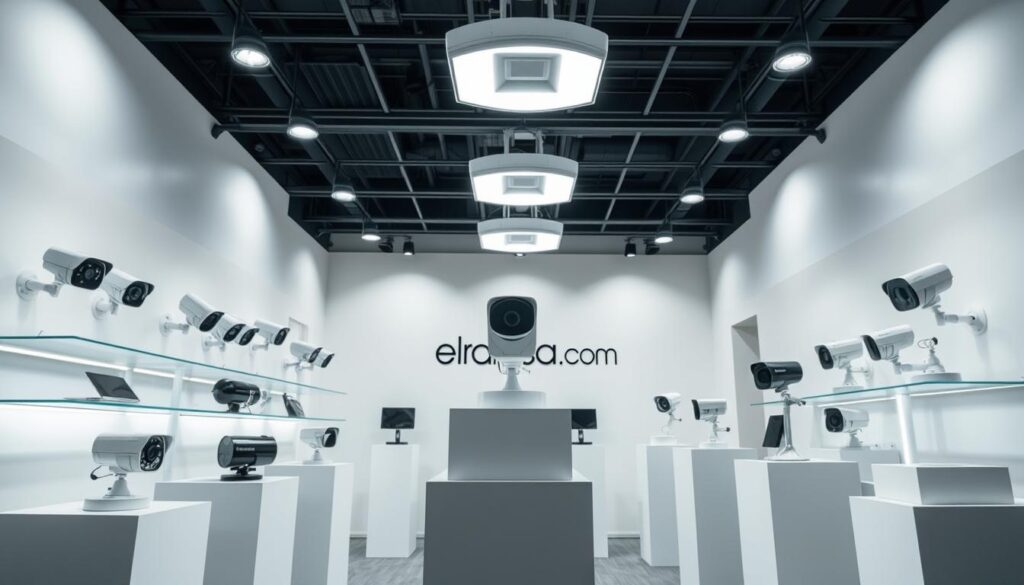 A modern, well-lit indoor showroom showcasing a variety of high-quality security camera systems made by the brand "elrahmasa.com". The camera models are displayed on sleek, minimalist shelves and pedestals, with their key features and specifications highlighted. The lighting is bright and evenly distributed, creating a professional, authoritative atmosphere. The cameras are captured from a variety of angles to showcase their designs and capabilities, with a focus on clarity, detail, and technical precision. The background is a clean, uncluttered space with subtle branding elements that reinforce the "elrahmasa.com" name.